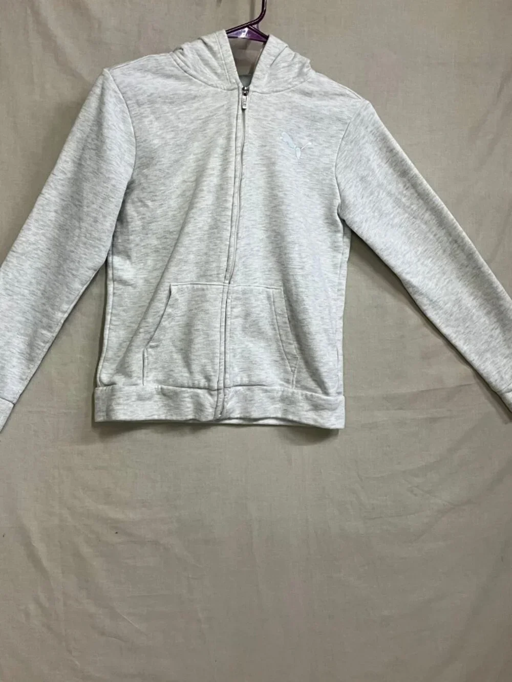 PUMA Sweatshirt Hoodie Kids Girls Large Gray Fleece Zip Up Lined Long Sleeves